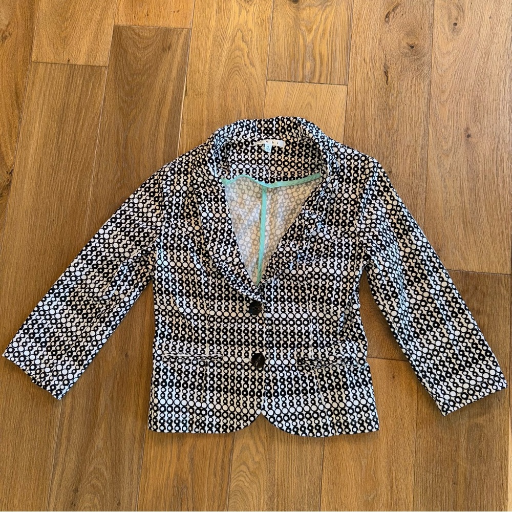 CAbi Women's Du Jour Jacket Size 4 Black White Circles Blazer Jacket 3/4 Sleeve